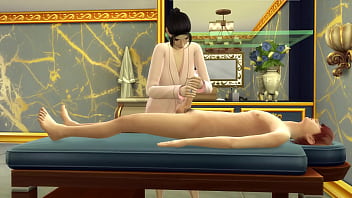 Asian housewife massages her stepson's back in her new beauty salon